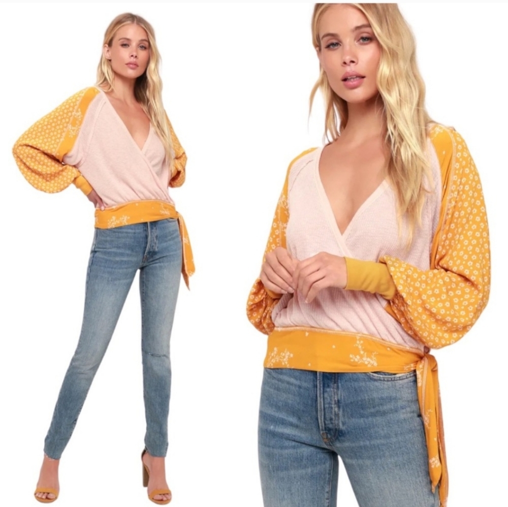 NWT Free People Auxton Pink and Mustard Yellow Thermal Long Sleeve Wrap Top Sz L